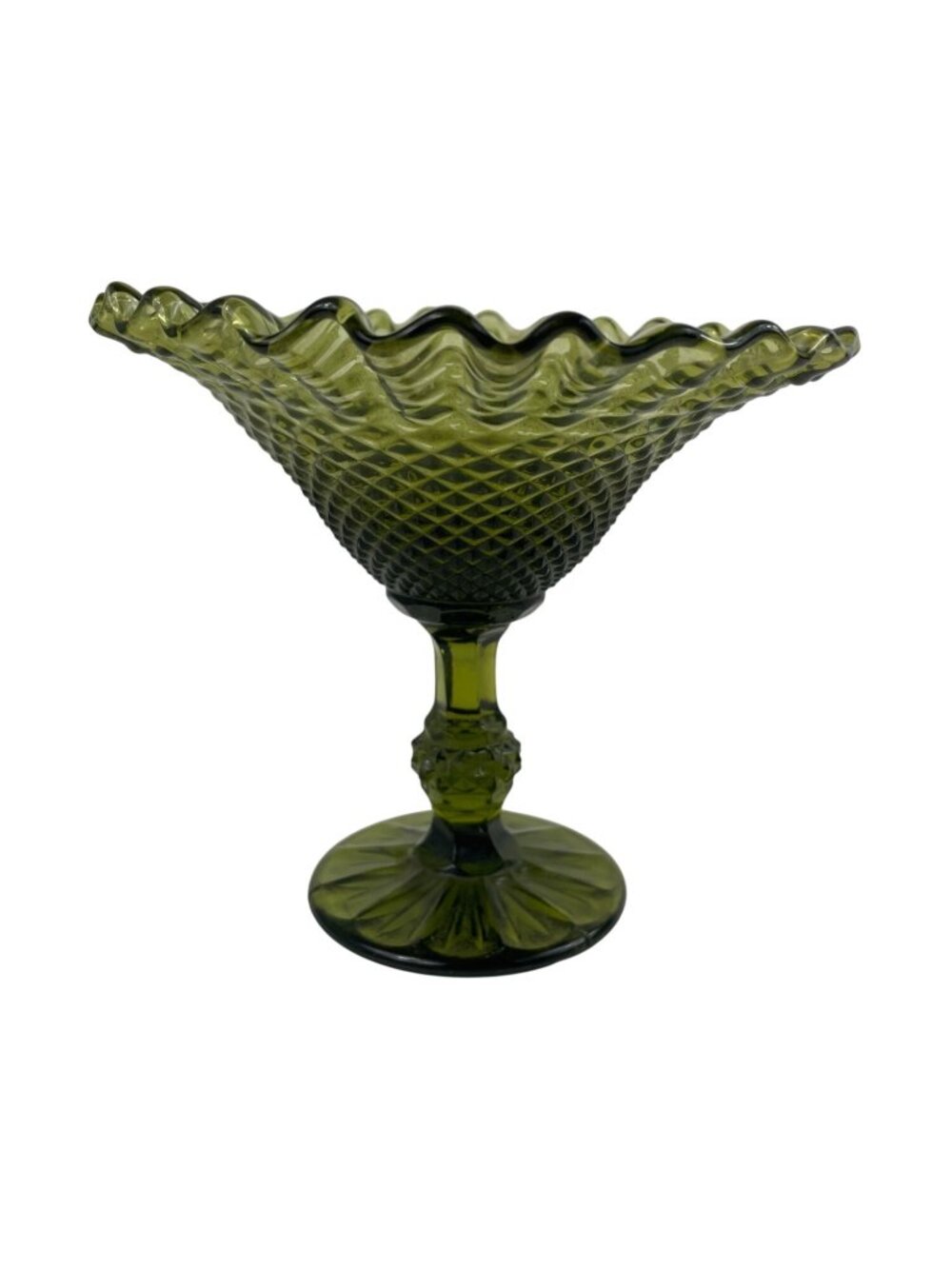 Vintage Green Glass Compote With Diamond Pattern & Ruffled Edge Pedestal Bowl